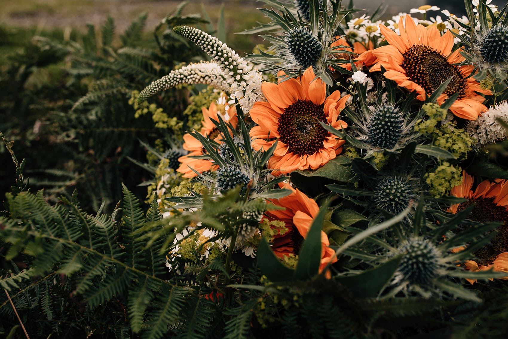 sunflower thistles wedding bouquet