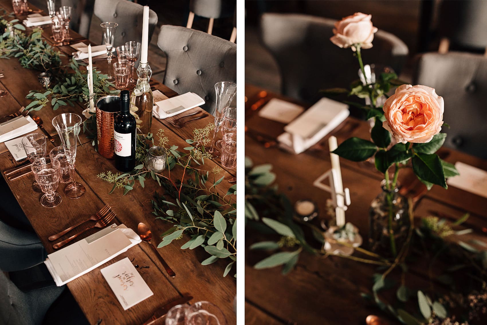 barn wedding photography rose gold copper foliage styling