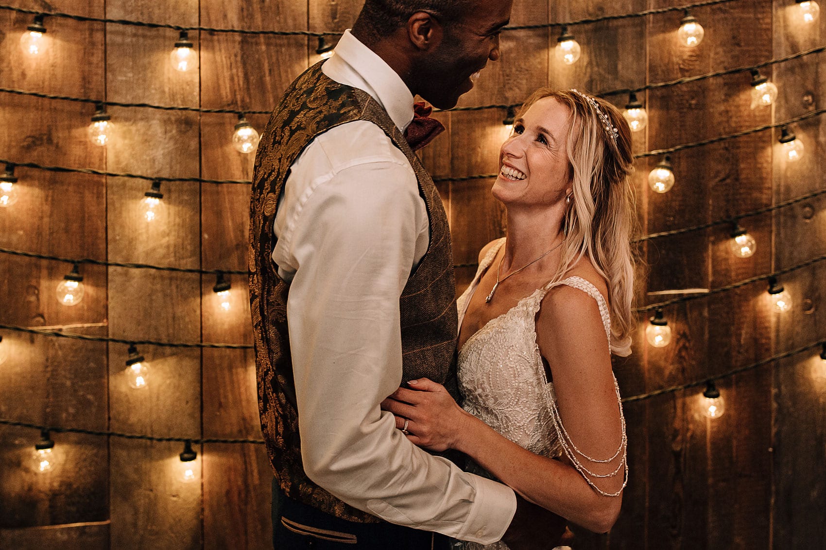 wooden wedding barn Wharfedale Grange festoon lights