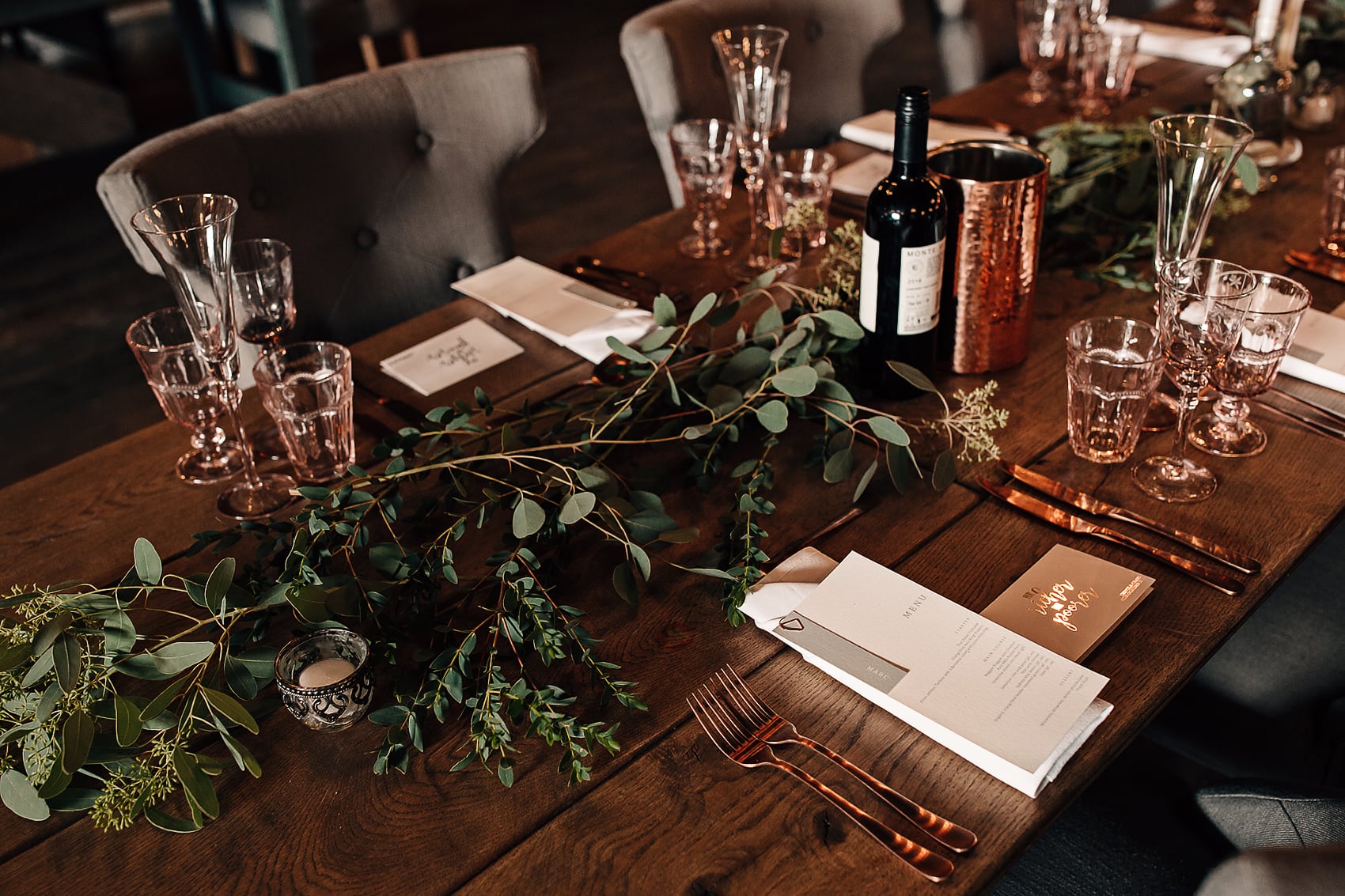 rose gold copper foliage wedding barn styling