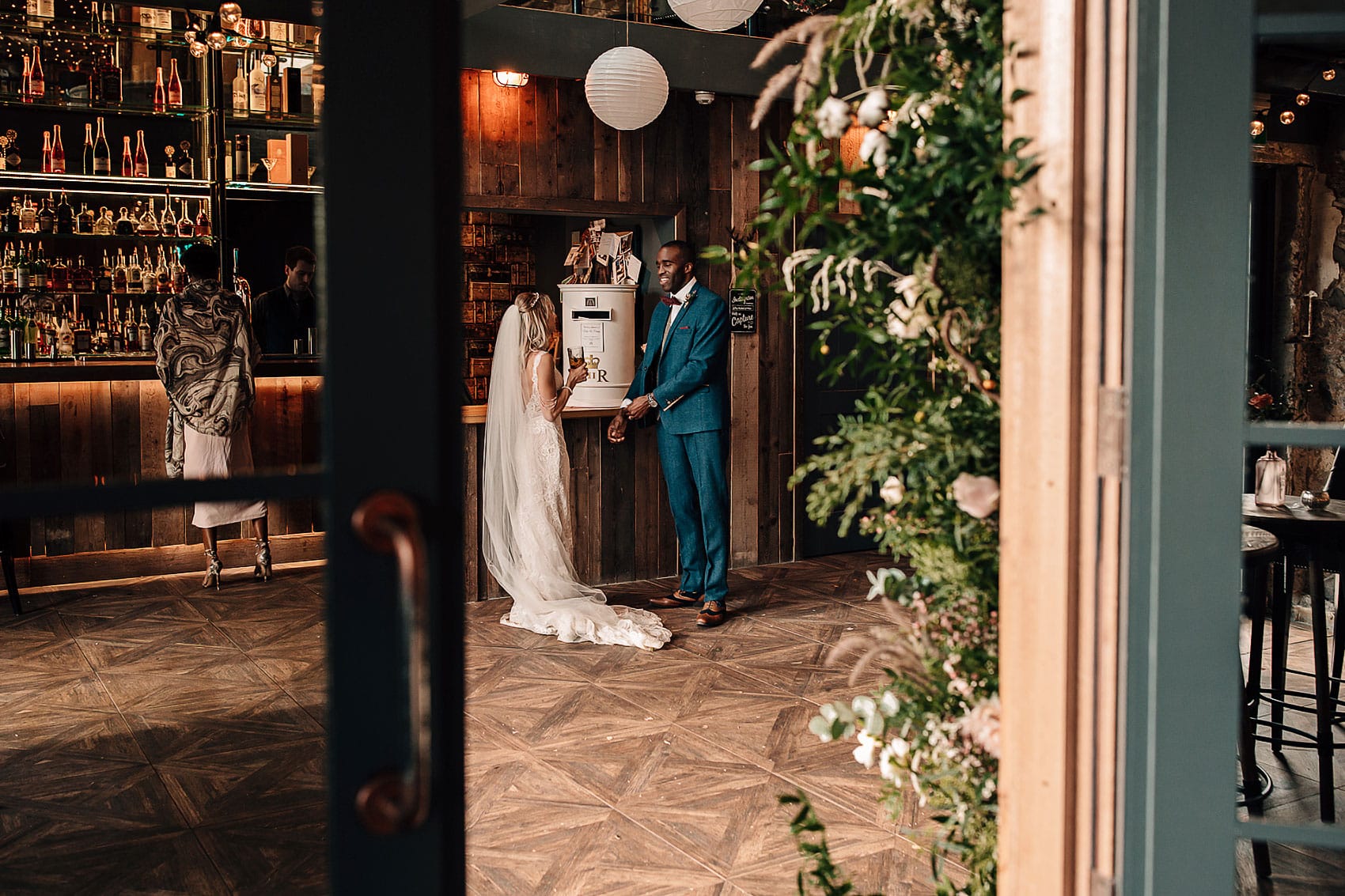 Yorkshire wedding photography wooden barn foliage decor